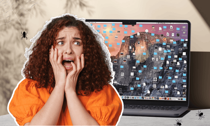 Woman scared while looking at a cluttered desktop.
