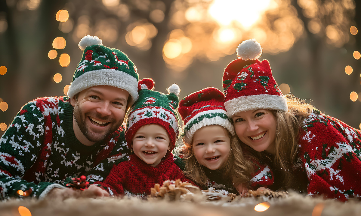 Family of four posing for a Christmas photo.