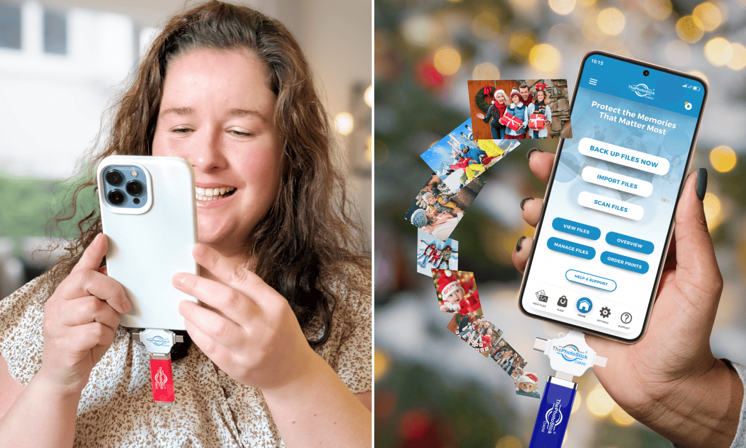 A woman backing up holiday photos on ThePhotoStick Omni