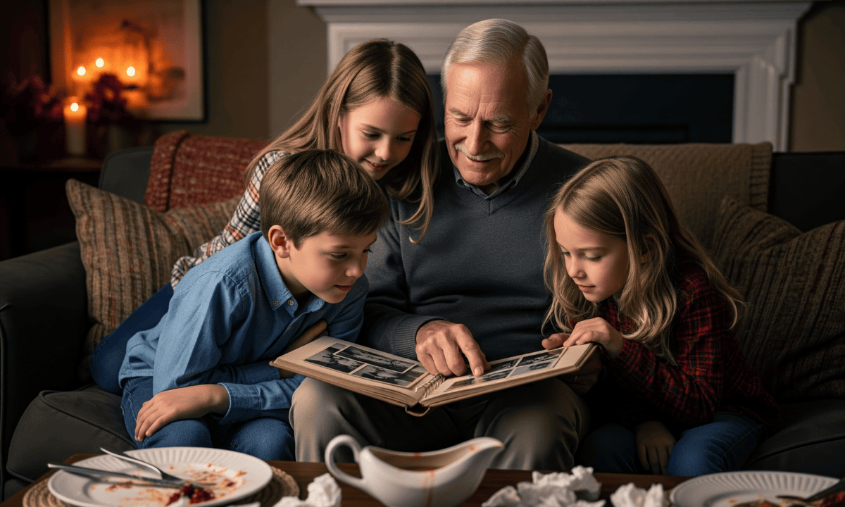 Grandfather looking at family photo album with three grandchildren.