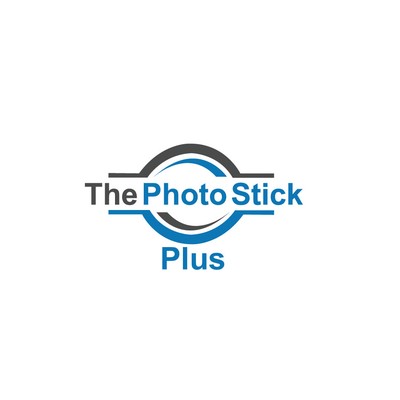 ThePhotoStick Plus logo, blue, gray, and white